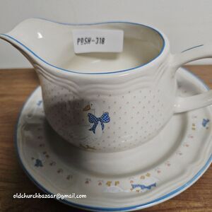 Tienshan Aunt Rhody Stoneware Gravy Boat & Under Plate Geese Blue GrandmaCore